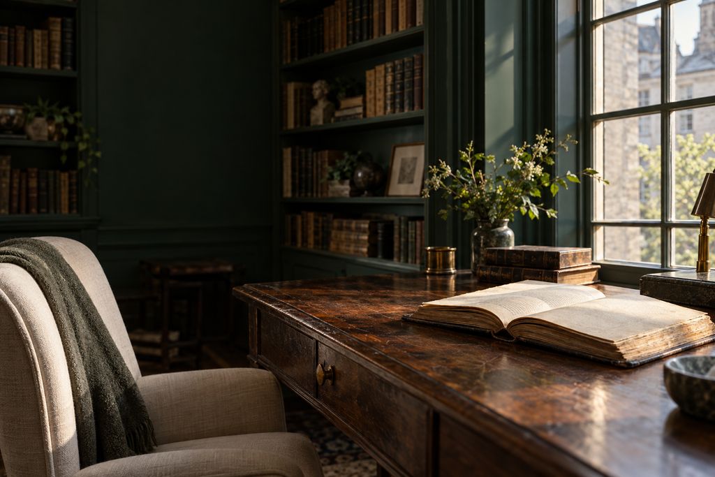 Ein aufgeschlagenes Buch auf einem hölzernen Lesetisch im warmen Licht einer historischen Bibliothek. Symbolische Bildgestaltung.